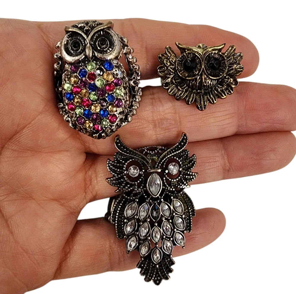Bundle of 3 Owl Rings Antique Silver And Brass Tone With Rhinestones - Picture 13 of 15